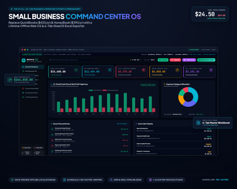 SaveDollars OS PRO: Small Business Command Center — Universal CSV/XLS Importer, DuPont Financial Ratios, Bookkeeping P&L, Balance Sheet, Cash Flow, Client CRM, Invoice Studio & 8-Tab CPA Excel Export