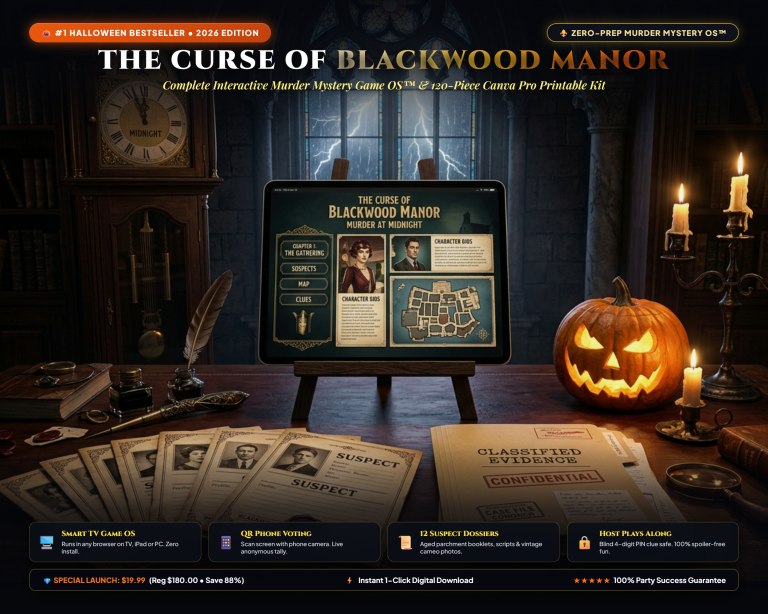 halloween blackwood 1789589751447 01 hero master bundle The Curse of Blackwood Manor™ | Interactive Halloween Murder Mystery Game OS + 120-Piece Canva Pro Kit