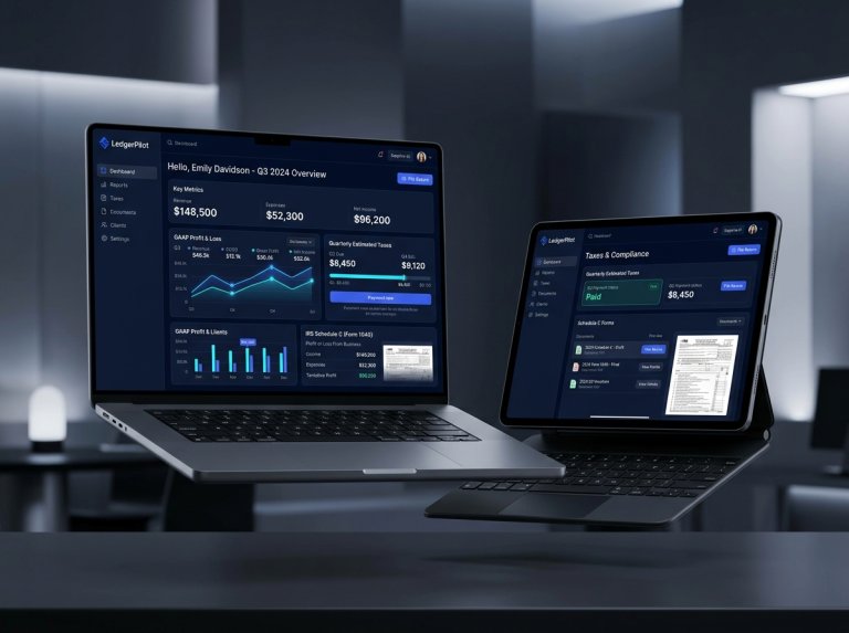LedgerPilot AI CPA OS — Autonomous US GAAP Bookkeeping & IRS Schedule C Tax Engine 7 LedgerPilot AI CPA OS Multi-Device Command Center on MacBook and iPad Pro