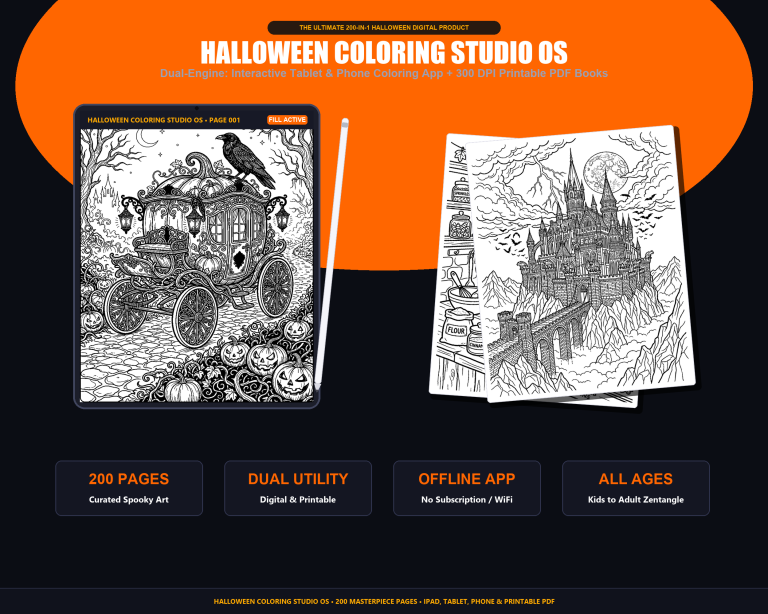 Halloween Coloring Studio OS (200-in-1 Interactive Digital & Printable Coloring Suite) 6 Halloween Coloring Studio OS 200 Digital & Printable Pages Hero Showcase with iPad Pro Apple Pencil and Printable 300 DPI Books