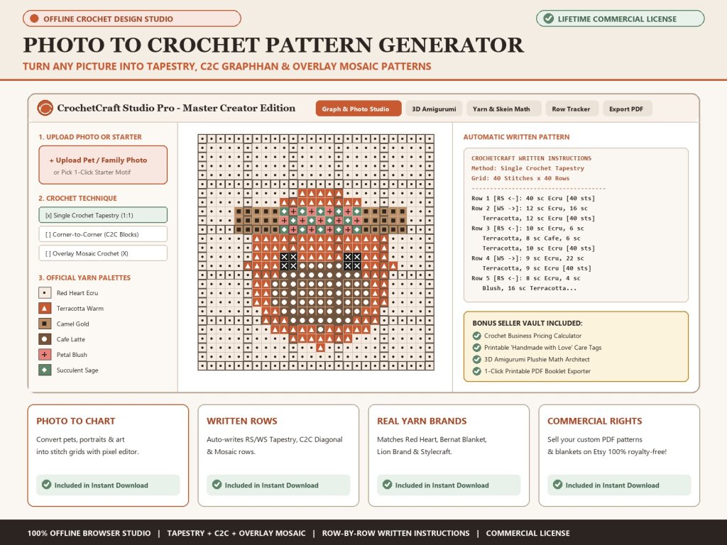 CrochetCraft Studio Pro — Custom Photo to Crochet Pattern Generator, C2C Graphghan, Overlay Mosaic & Amigurumi Designer Suite (Offline Software + Business Vault)