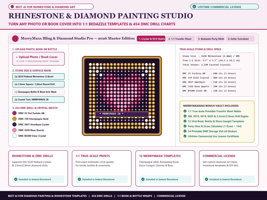 Best AI for Diamond Painting & Rhinestone Template Maker — MerryMaxx Bling Studio Pro (Custom Photo to 1:1 Book Cover, Bottle & DMC Drill Generator)